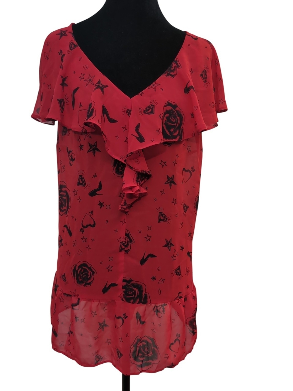 MBLM Red Chiffon Sheer Ruffle Shirt Size 1X Black Rose Heart Whimsigoth Romantic